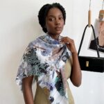 Tropical Enchanted Forest Botanical Luxury Square Shawl Scarf in Ice Blue, Sage & Earth Tones with Fringed Hem (135cm x 135cm)
