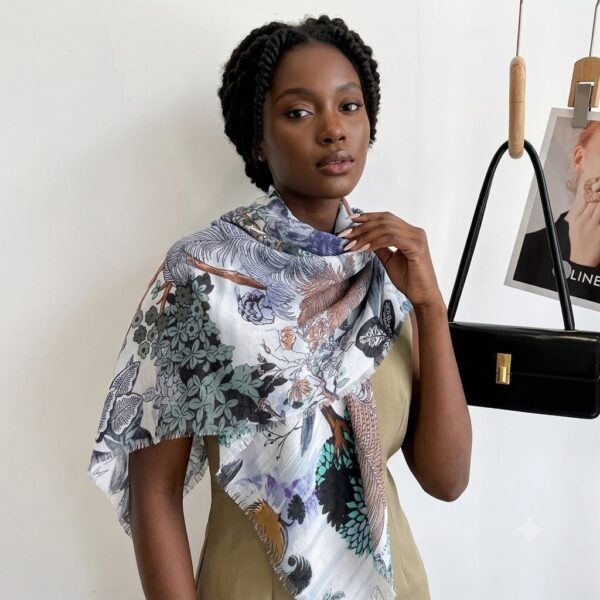 Tropical Enchanted Forest Botanical Luxury Square Shawl Scarf in Ice Blue, Sage & Earth Tones with Fringed Hem (135cm x 135cm)