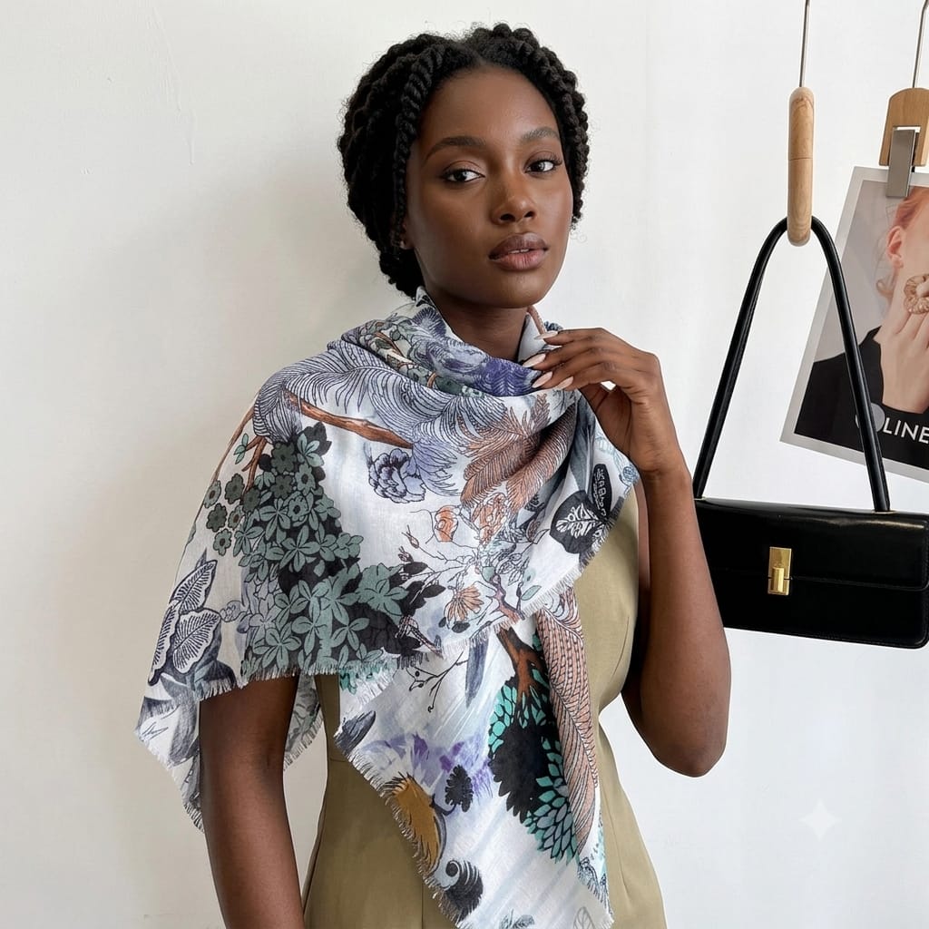 Tropical Enchanted Forest Botanical Luxury Square Shawl Scarf in Ice Blue, Sage & Earth Tones with Fringed Hem (135cm x 135cm)