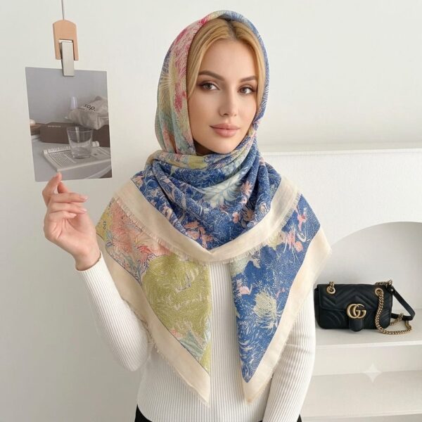 Tropical Rainforest Botanical Landscape Luxury Square Shawl Scarf in Vibrant Cobalt, Coral & Sage with Cream Border (135cm x 135cm)