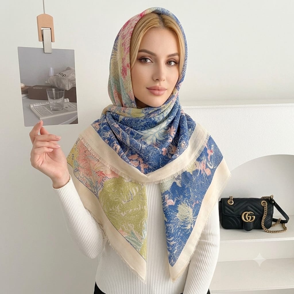 Tropical Rainforest Botanical Landscape Luxury Square Shawl Scarf in Vibrant Cobalt, Coral & Sage with Cream Border (135cm x 135cm)