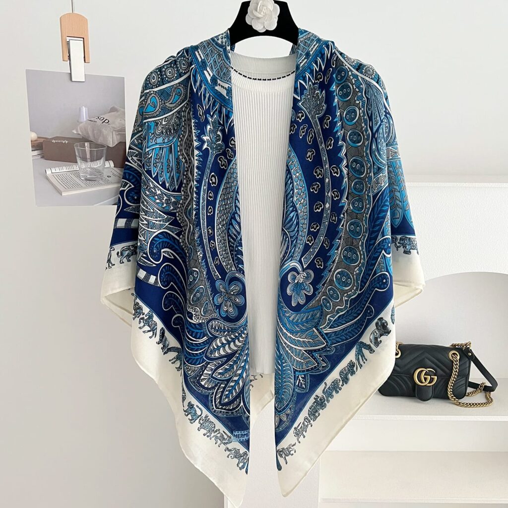 Royal Cobalt Paisley & Mythological Animalier Luxury Square Shawl Scarf with Ivory Border (135cm x 135cm)