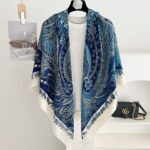 Royal Cobalt Paisley & Mythological Animalier Luxury Square Shawl Scarf with Ivory Border (135cm x 135cm)