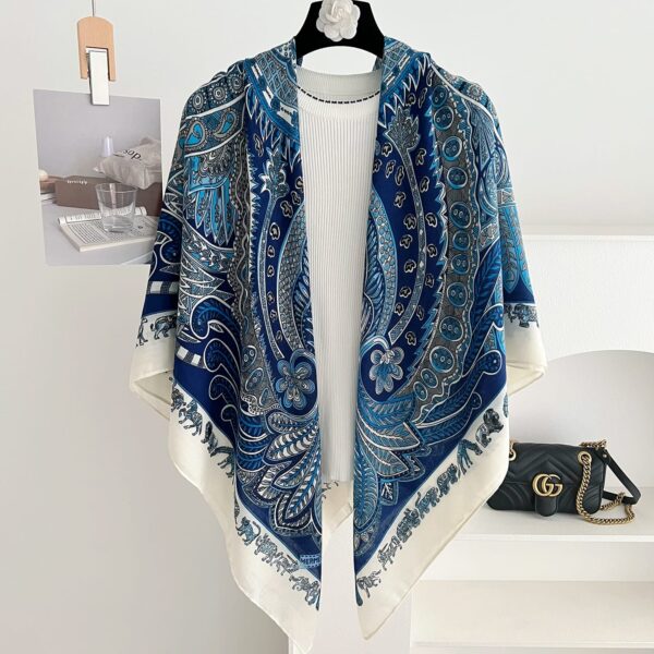 Royal Cobalt Paisley & Mythological Animalier Luxury Square Shawl Scarf with Ivory Border (135cm x 135cm)