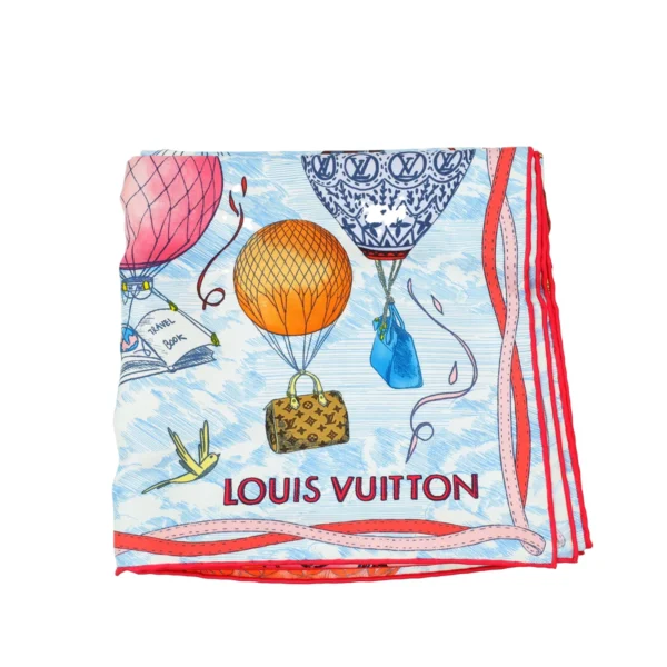 Louis Vuitton Hot Air Balloon Travel Flight Luxury Silk Square Scarf in Sky Blue & Coral Pink with Red Border (90cm x 90cm)