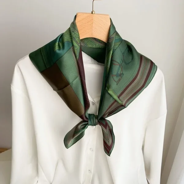 Equestrian & Safari Heritage Patchwork Luxury Silk-Touch Square Scarf in Sage Olive Green & Forest Tones (70cm x 70cm)