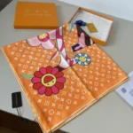 Louis Vuitton Takashi Murakami Smiling Flowers & Monogram Luxury Silk Square Scarf in Marigold Orange & Blossom Pink (90cm x 90cm)