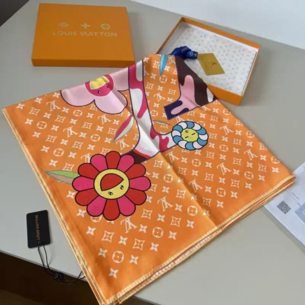 Louis Vuitton Takashi Murakami Smiling Flowers & Monogram Luxury Silk Square Scarf in Marigold Orange & Blossom Pink (90cm x 90cm)