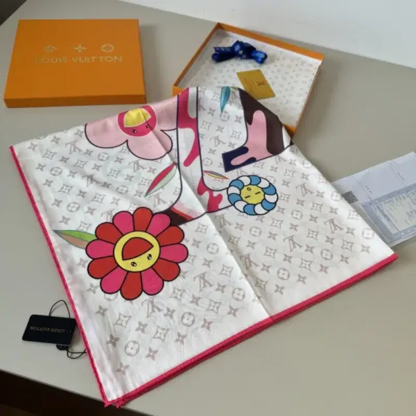Louis Vuitton Takashi Murakami Multicolore LV Logo & Smiling Flowers Luxury Silk Square Scarf in Pure White & Pop Art Colors (90cm x 90cm)