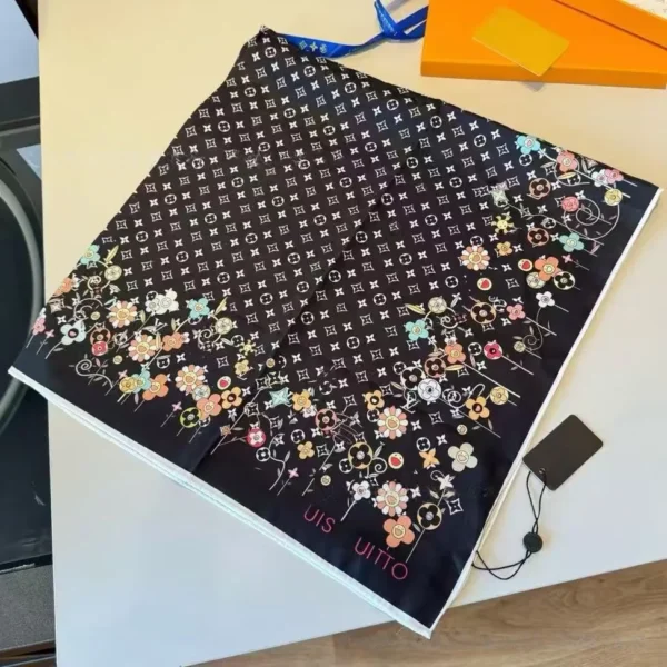 Louis Vuitton Takashi Murakami Multicolore Monogram & Smiling Flowers Luxury Silk Square Scarf in Noir Black (90cm x 90cm)