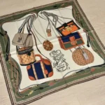 Louis Vuitton Iconic Handbag Showcase & Heritage Typography Luxury Silk Square Scarf in Olive Green & Cream (90cm x 90cm)