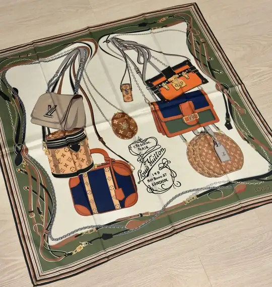 Louis Vuitton Iconic Handbag Showcase & Heritage Typography Luxury Silk Square Scarf in Olive Green & Cream (90cm x 90cm)