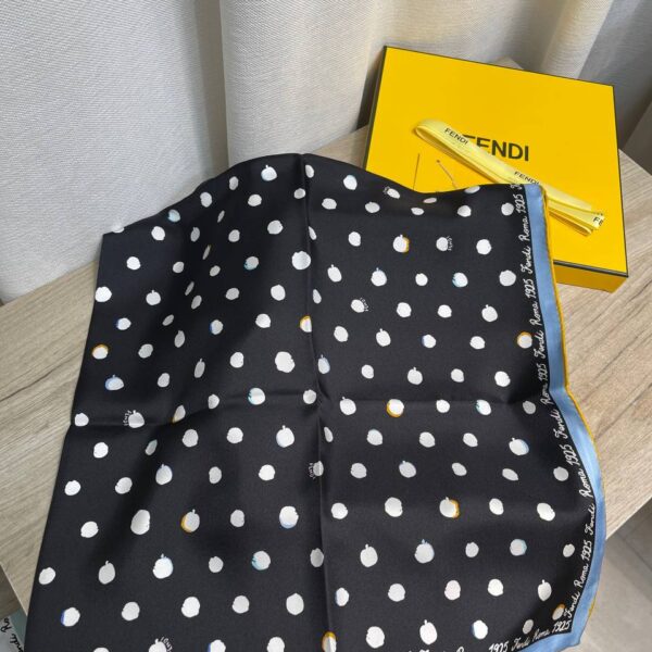 Fendi Roma 1925 Vintage Polka Dot Luxury Silk Square Scarf in Noir Black & Cream with Sky Blue & Marigold Orange Border (90cm x 90cm)