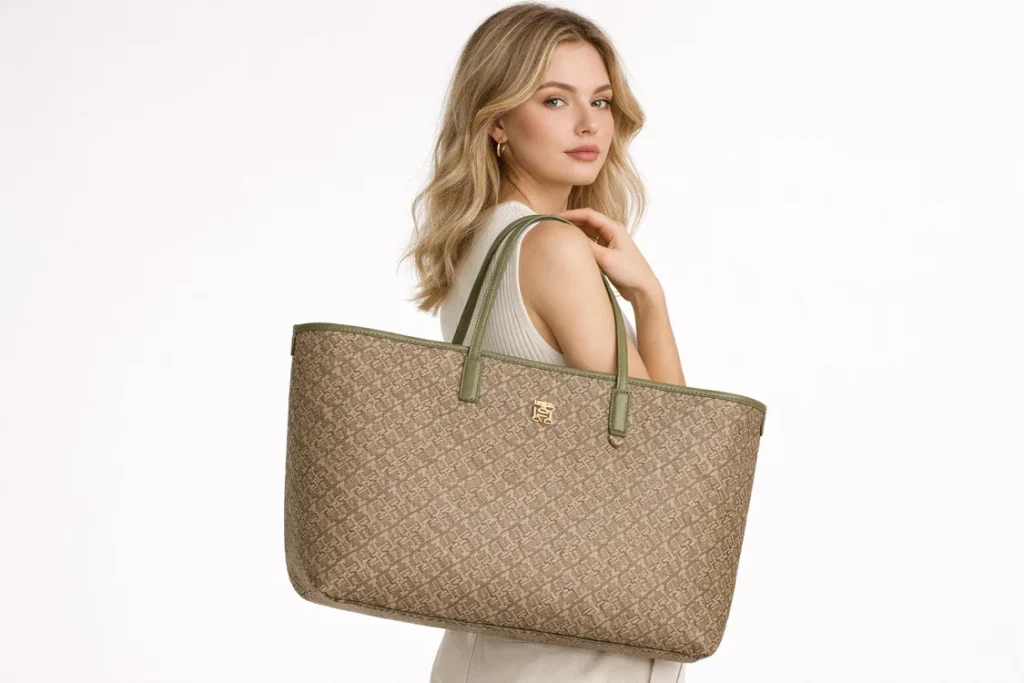 Tommy Hilfiger Monogram Jacquard Large Shopper Tote Bag with Olive Trim