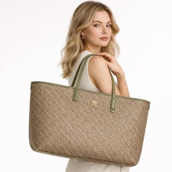 Tommy Hilfiger Monogram Jacquard Large Shopper Tote Bag with Olive Trim