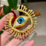 Surrealist Evil Eye Gold Statement Brooch with Crystal Eyelashes for Women