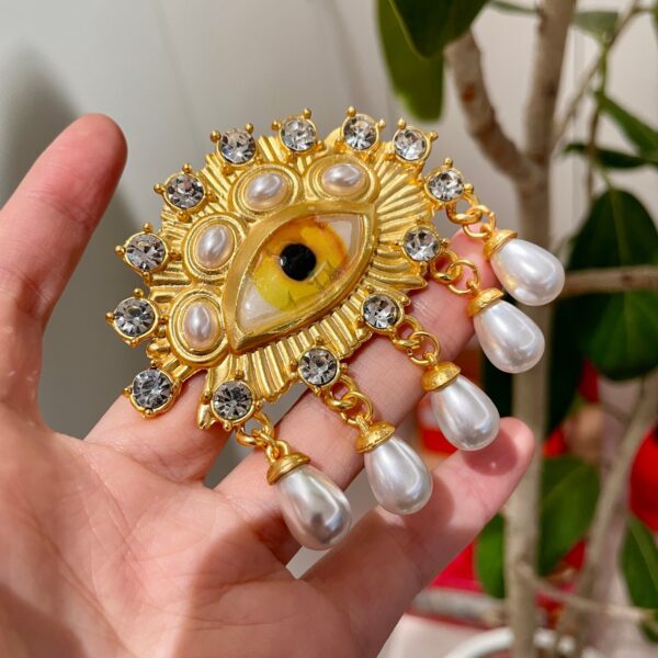 Luxury Vintage Evil Eye Sunburst Brooch Pin with Crystals & Dangle Pearl Drops for Women