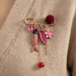 Cute Pink & Red Dangle Charm Safety Pin Brooch with Fish & Flower Details for Women