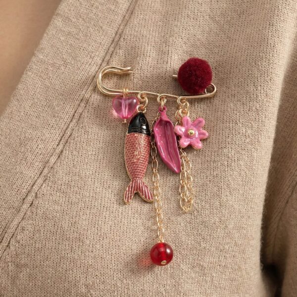 Cute Pink & Red Dangle Charm Safety Pin Brooch with Fish & Flower Details for Women