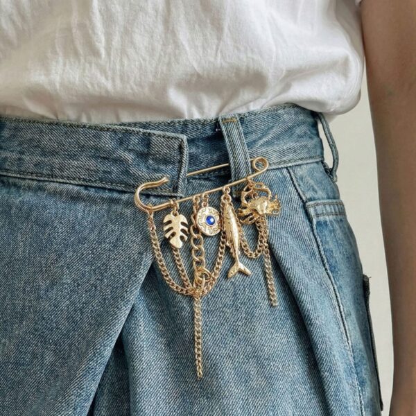 Bohemian Nautical Ocean Safety Pin Brooch with Dangle Chains, Crab, Fish & Leaf Charms for Women