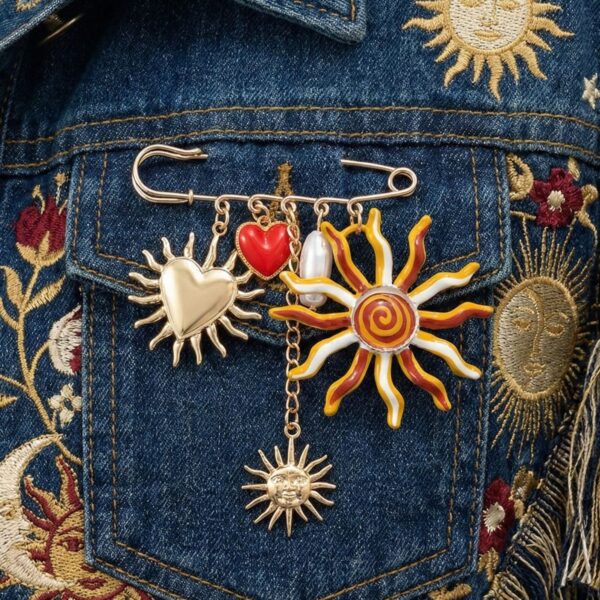 Boho Sun & Celestial Heart Safety Pin Brooch with Dangle Charms for Women
