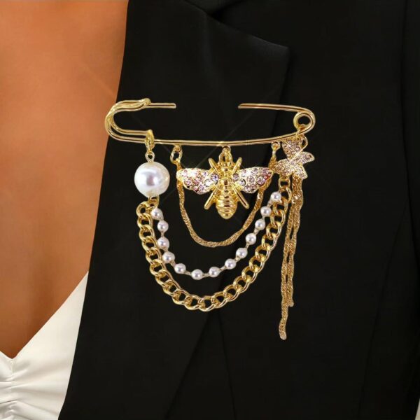 Luxury Honeybee & Butterfly Safety Pin Brooch with Dangle Pearl Chains for Women