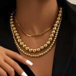 Elegant Gold Multi-Layered Necklace Set with Beads & Herringbone Snake Chain for Women